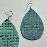 Handmade  Lightweight Genuine Leather Teal Weave Woven Teardrop Earrings Photo 3