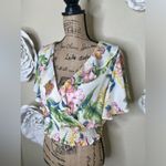 NTM: June & Hudson Ruffled Tropical Print Ivory Crop Top Blouse Size Small White Photo 3