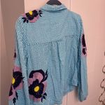 Maeve Anthropologie  Blue White Striped Pansy Embroidered Shirt Photo 7