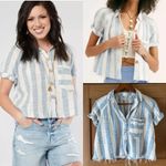 Free People  We The Free Linen Blend Away At Sea Blue/ White Striped Top sz Small Photo 1