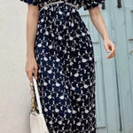 ZARA Flower Navy Blue Embroidered Midi Dress Size Medium Photo 0