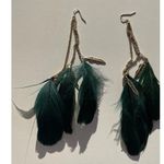 Vintage Dark Green Gold Dangling Real Feather Earrings Western Aztec Sz 7” Photo 7