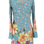 Farm Rio  Light Blue Floral Summer Mini Dress Split Long Sleeve Open Back Size P Photo 0