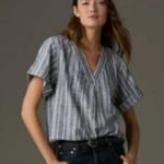 Anthropologie  Pilcro Surf Shirt Linen Henley Grey Stripe Size Small Boho Coastal Photo 1