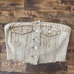 SheIn  Petites Raw Hem Button Front Denim Strapless Tube Top Tan Size Small Photo 11