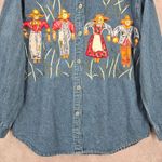 DressBarn Blue Embroidered Scarecrows VTG Button Y2K Cotton Denim Shirt L Large Photo 4