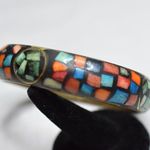 Source Unknown Unique Design Art Deco Bright Multi Color Shell Inlay Gold Tone Vintage Bracelet Photo 1
