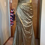 NWOT green one shoulder satin prom dress size 6 lace up back flared skirt slit Photo 0
