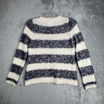 Tabitha Sweater Ivory Blue Striped Fuzzy Knit‎ Pullover Crew Neck Size Medium Photo 2