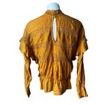 Free People  Mustard Yellow High Neck Long Sleeve Eyelet Smocked Ruffle Top, Sz L Photo 1