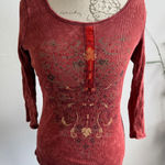 One World Top Small Petite Red Ribbed Embellished Long Sleeve Shirt Photo 0