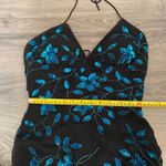 Cache  Y2K Black Blue 100% Silk Beaded Floral Halter Midi Dress Women's size XS Photo 10