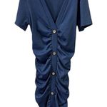 Beyove Blue Ruched Bodycon Ribbed V Neck Button Front Short Sleeve Mini Dress S Photo 8