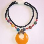 Black Glass Beaded Huge Yellow Pendant Boho Necklace Earrings Set Photo 2