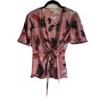 Monteau Women’s Floral Pink Ruffle Sleeve Wrap Tie Front Peplum Style Shirt Size Medium Photo 0