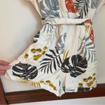 All in Favor  Leaf Print Wrap Linen Blend Romper Photo 3