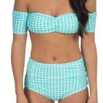 Lauren James  Gingham Off The Shoulder Bandeau Bikini Top Aqua Photo 0