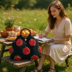 Crochet Rose Tote Bag โ Black & Red Handmade Boho Floral 70s-Inspired Purse Photo 0