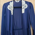 Vanity Fair Vtg  Dressing Gown Blue Full Length Robe Cream Lace Trim Size Small Photo 3