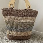Vintage Woven Cornhusk Straw Hand Bag Wooden Handle Basket Tan Brown Purse Lined Photo 1