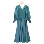 Abacaxi Eva Dress Teal Metallic Cotton Maxi Puff Sleeve Smocked Bodice Sz Large Green Photo 3