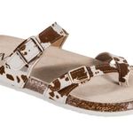 Natural Reflections Cream/Brown Cow Print Buckle Toe Loop Slip On Sandals Photo 1