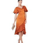 AmyLynn Amoura Ruffle Midi Satin Wedding Guest Dress Tan Size S NWT Orange Photo 9