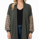 None Boutique Olive green and leopard print poof sleeve knit cardigan size large Photo 0