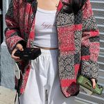 Vintage Red black patchwork quilted puffer jacket coat streetwear 100% Silk #goth #punk Photo 1