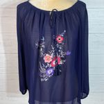 Daisy Fuentes Women Blouse  Size L Sheer navy Floral Embroidered Gauzy Tasseled Photo 0