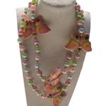 Vintage Butterfly Color Pearls Beaded Ceramic Quality Necklace 80s Sz 19” Pink Photo 5