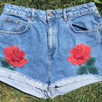 Topshop High Waisted Distressed Rose Embroidered Jean Denim Mom Shorts Photo 0