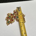 Signed M.JENT Rhinestone Christmas Holiday Colors Brooch Pin Gold Tone Red Green Photo 5