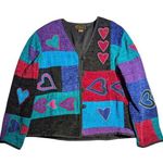 Vtg 1990s Alex Ku Blue Black Patchwork Chenille Heart Applique Lined Jacket Sz S Photo 0
