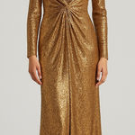 IEENA Mac Duggal Metallic Bronze Front Twist V Neck‎ Long Sleeve Gown Dress 8 Gold Photo 0