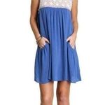 Umgee Lace Cream & Blue boho stye short dress with pockets Photo 0