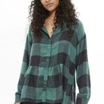 American Eagle NWT  Green & Black Buffalo Plaid Babydoll Flannel Peplum Shirt M Photo 0