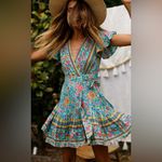 Princess Polly  V-Neck Floral Print Ruffle Wrap Mini Dress Blue‎ Bohemian Size 2 Photo 2