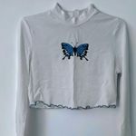 SheIn Blue Butterfly Print White Mock-Neck Long Sleeve Crop Top Photo 3