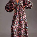 Misa Anthropologie  Size S Floral Puff Sleeve Midi Dress Silky Kimono Style $349 Photo 2