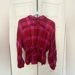 Free People  We the Free Pacific Dawn Plaid Shirt Pink Red Black Peplum Size S Photo 8