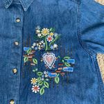 Vintage 90s Embroidered Chambray Denim Shirt Oversized Short Sleeve Heart Floral Blue Photo 9