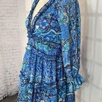 Luxxel Women's Floral Blue Ruffled Trim Open Back Mini Dress Size L Photo 2