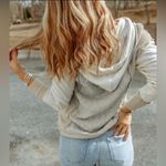 Mixed Media Exposed Seams Patchwork Hoodie in Gray Beige & Cream Size Small Photo 1