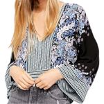 Free People  Womens Size S Black Blue Purple Mix N Match Floral Printed Top Shirt Photo 2