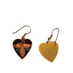 Vintage Cloisonne Dangle Earrings Gold Tone Heart Flowers Hooks 1.5" Estate Black Photo 2