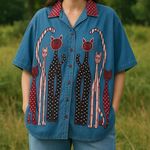 vintage 90s 1990s retro red white Blue denim button Photo 1