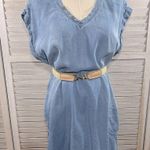 NEON BUDDHA Shift Dress 100% Tencel w Embellished V Neck Chambray Blue Photo 3