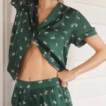 Anthropologie Green Satin Dog Print Pajama Set Photo 0