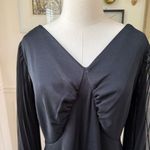 Vintage 70s Black Accordion Pleat Chiffon Bell Sleeve Long Dress Gown L XL Black Photo 4